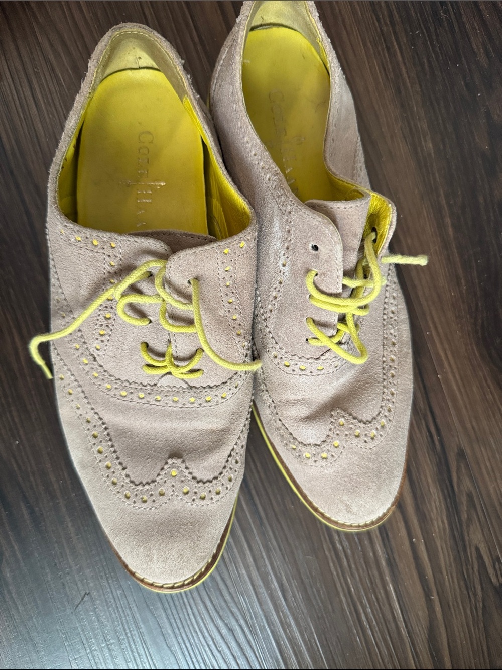 Cole Haan Suede Wingtip Oxfords in Beige with Yellow Accents